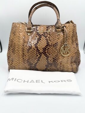 Michael Kors Tan and Dark Brown Python-Print Leather Satchel with MK Charm